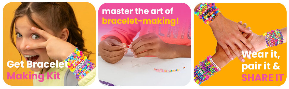 A girl wearing beaded bracelets beside icons for improved concentration, inspired creation and encouraged patience