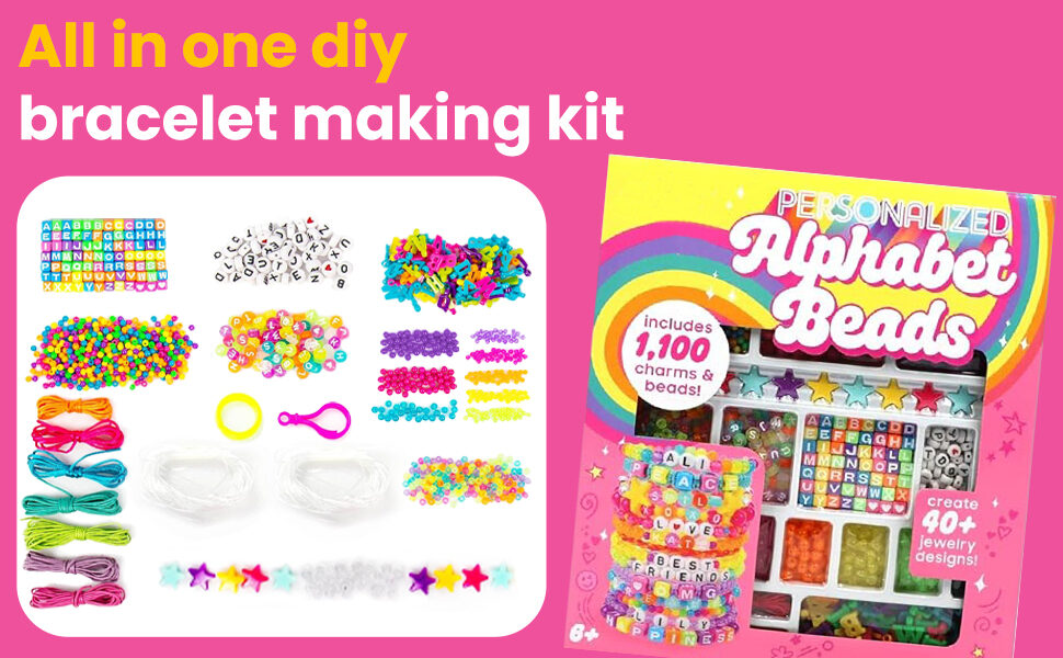 The GRAFLO alphabet bead kit contents laid out with the retail box, for ages 6 and up