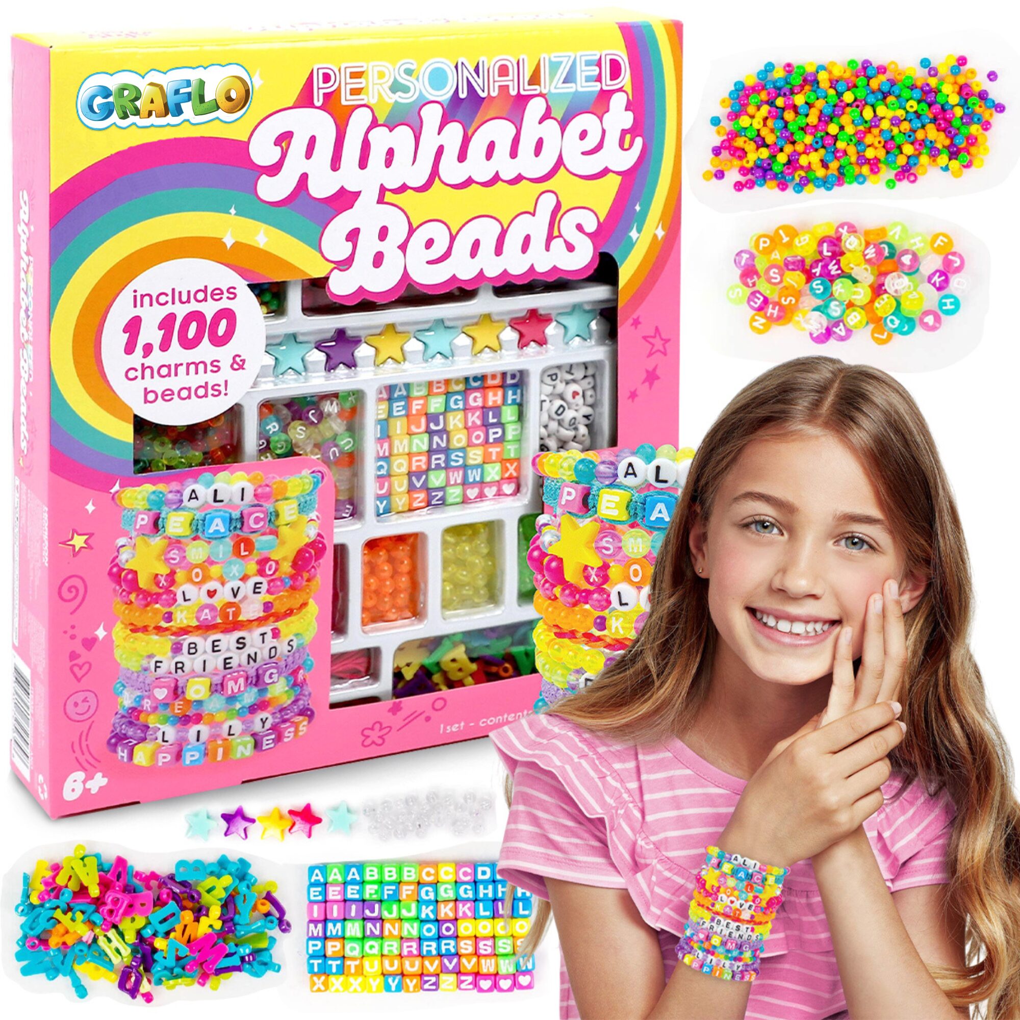 GRAFLO Personalized Alphabet Beads retail box open to show the sorted bead compartments, with a girl wearing finished beaded bracelets