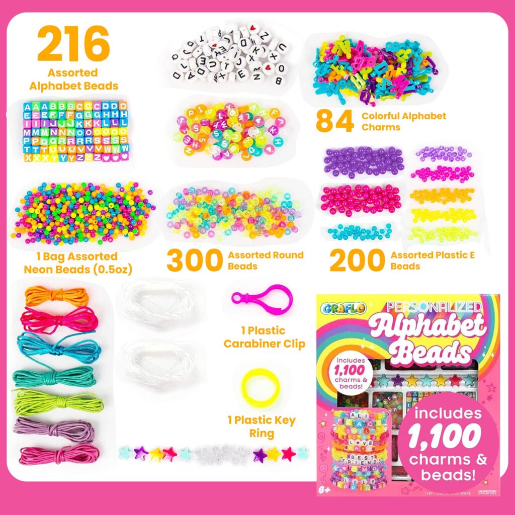 What's inside the GRAFLO alphabet bead kit: 216 assorted alphabet beads, 84 colourful alphabet charms, a bag of assorted neon beads, 300 assorted round beads, 200 assorted plastic E beads, elastic cords, a carabiner clip and a key ring