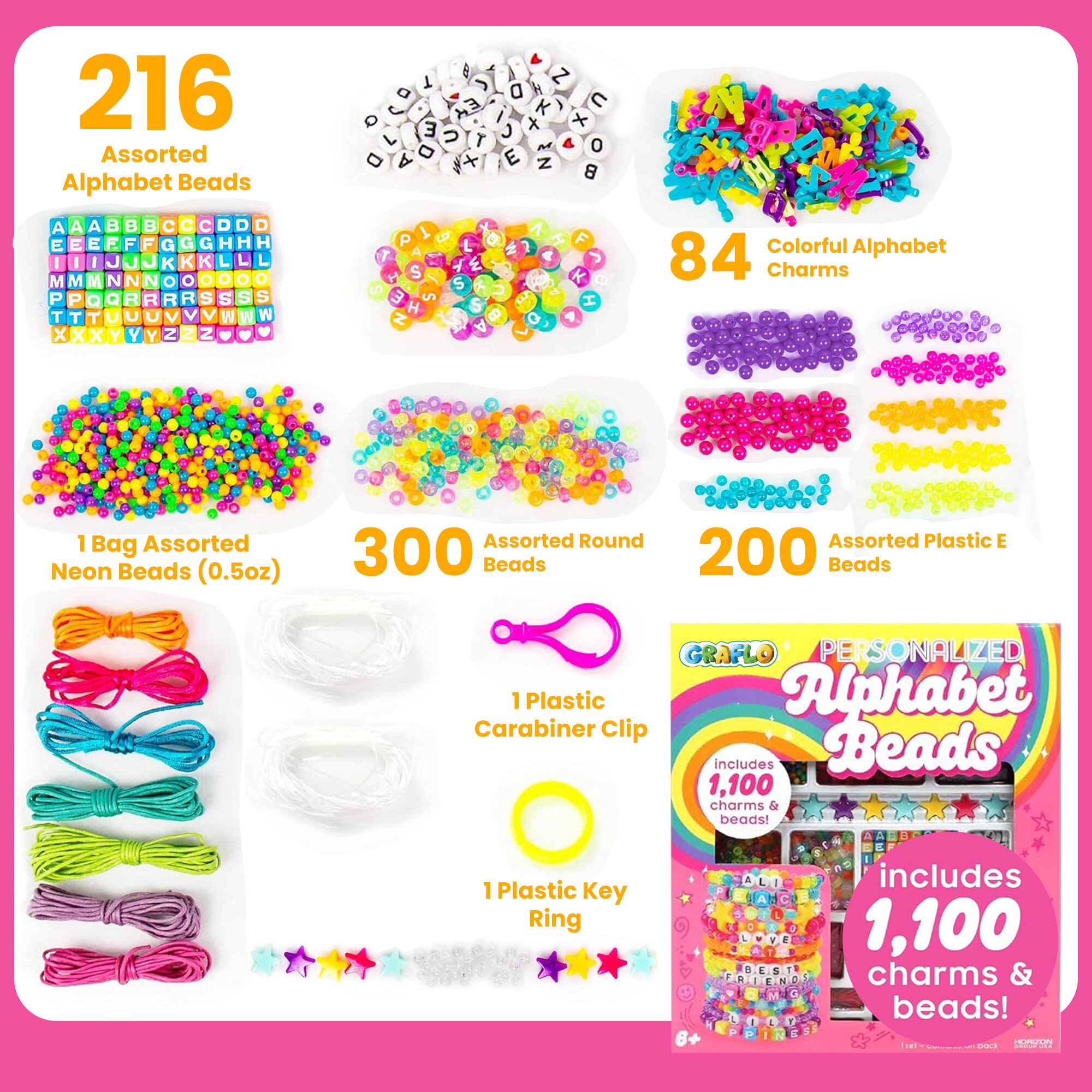 What's inside the GRAFLO alphabet bead kit: 216 assorted alphabet beads, 84 colourful alphabet charms, a bag of assorted neon beads, 300 assorted round beads, 200 assorted plastic E beads, elastic cords, a carabiner clip and a key ring