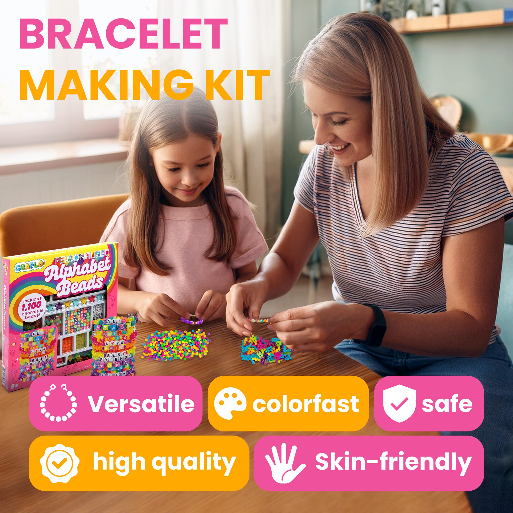 A mother and daughter making beaded bracelets together with the GRAFLO alphabet bead kit, labelled versatile, colorfast, safe, high quality and skin-friendly