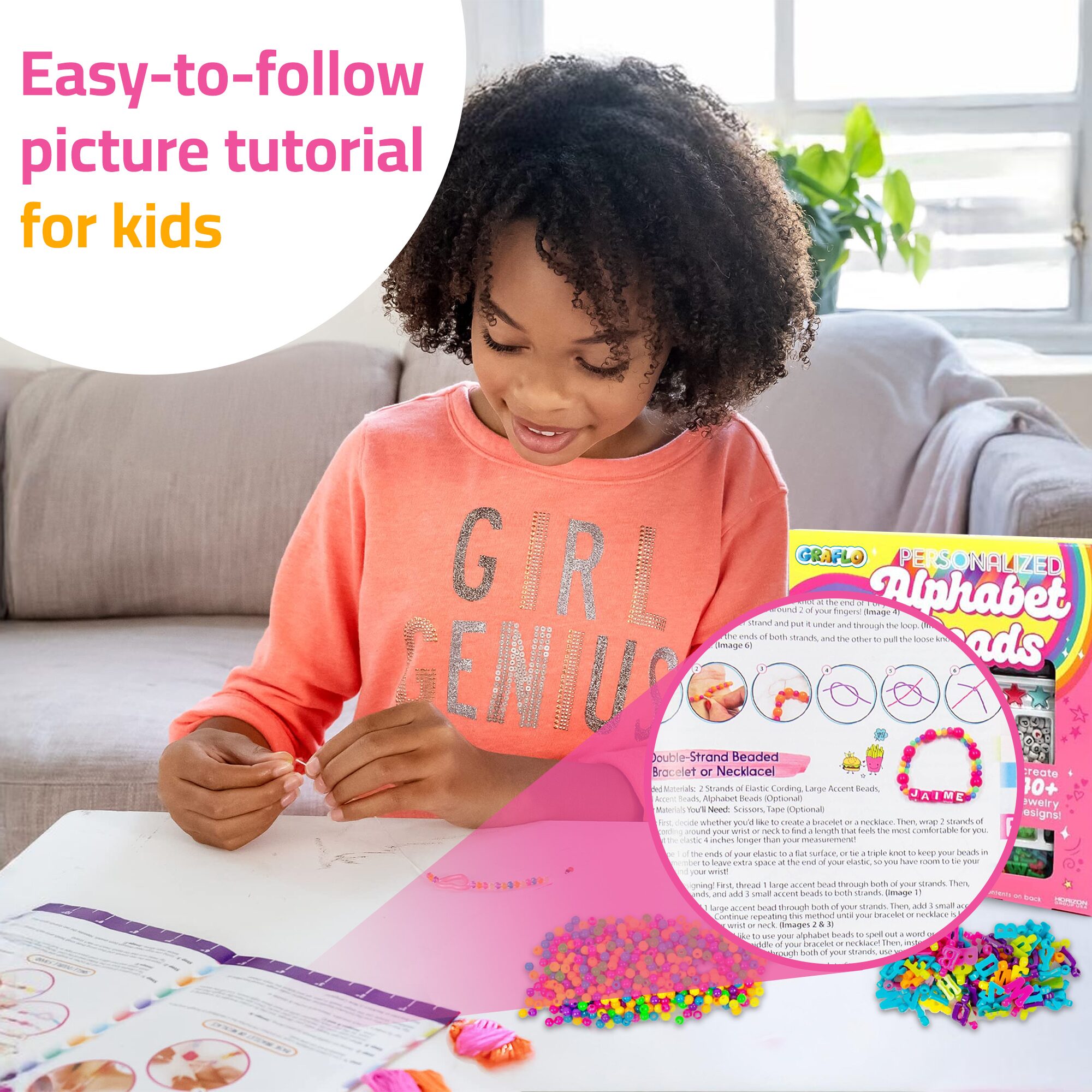 A girl following the easy picture tutorial included with the GRAFLO alphabet bead kit