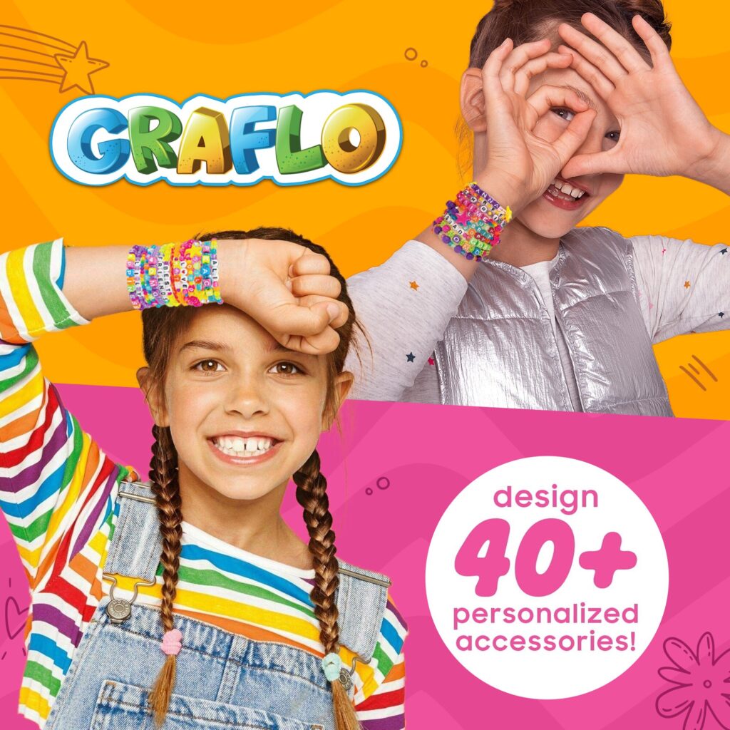 Two girls wearing stacks of personalised beaded bracelets, with the claim of 40 or more personalised accessories