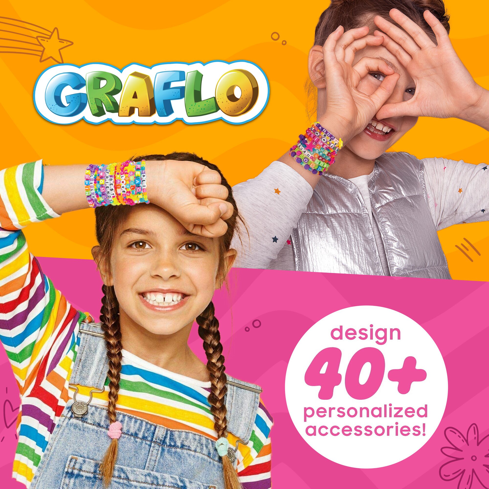 Two girls wearing stacks of personalised beaded bracelets, with the claim of 40 or more personalised accessories