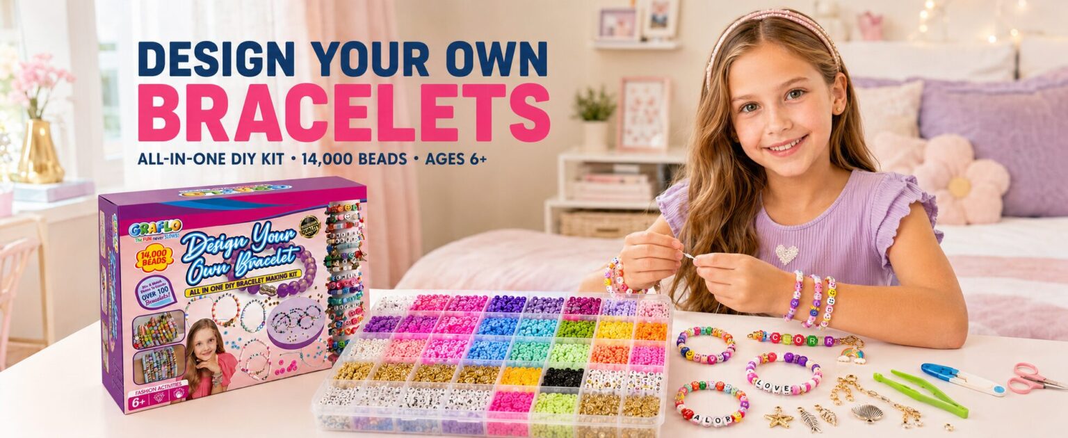 Design your own bracelets, an all-in-one DIY kit with 14,000 beads for ages 6 and up: a girl threading a bracelet in her bedroom beside the GRAFLO box and the full bead tray
