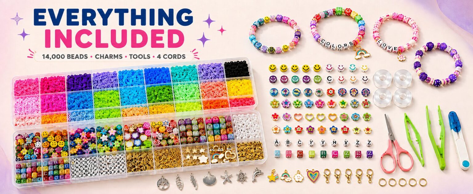 Everything included: 14,000 beads, charms, tools and 4 cords, with the bead trays, letter beads, smiley and flower beads, charms, clasps, scissors and tweezers laid out