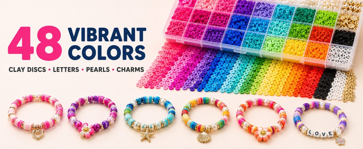 48 vibrant colours of clay discs, letter beads, pearls and charms, with six finished bracelets and a rainbow spread of beads