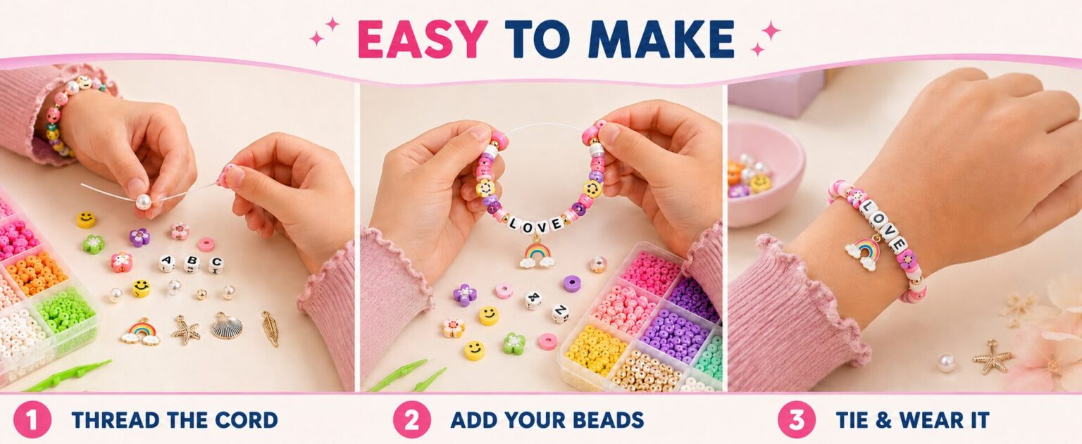 Easy to make in three steps: thread the cord, add your beads, then tie and wear it, finishing with a LOVE bracelet on a wrist