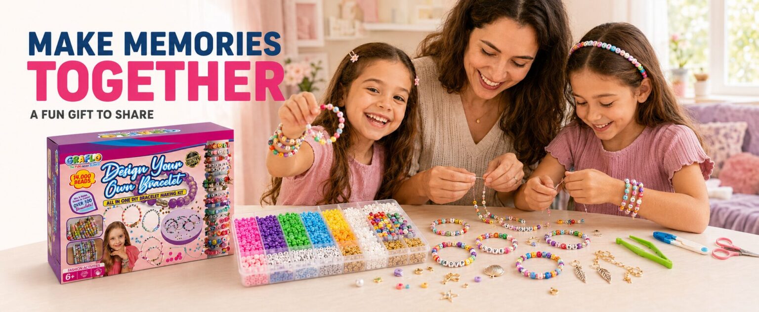 Make memories together, a fun gift to share: a mother and two girls making beaded bracelets at a table beside the GRAFLO 14,000 bead box