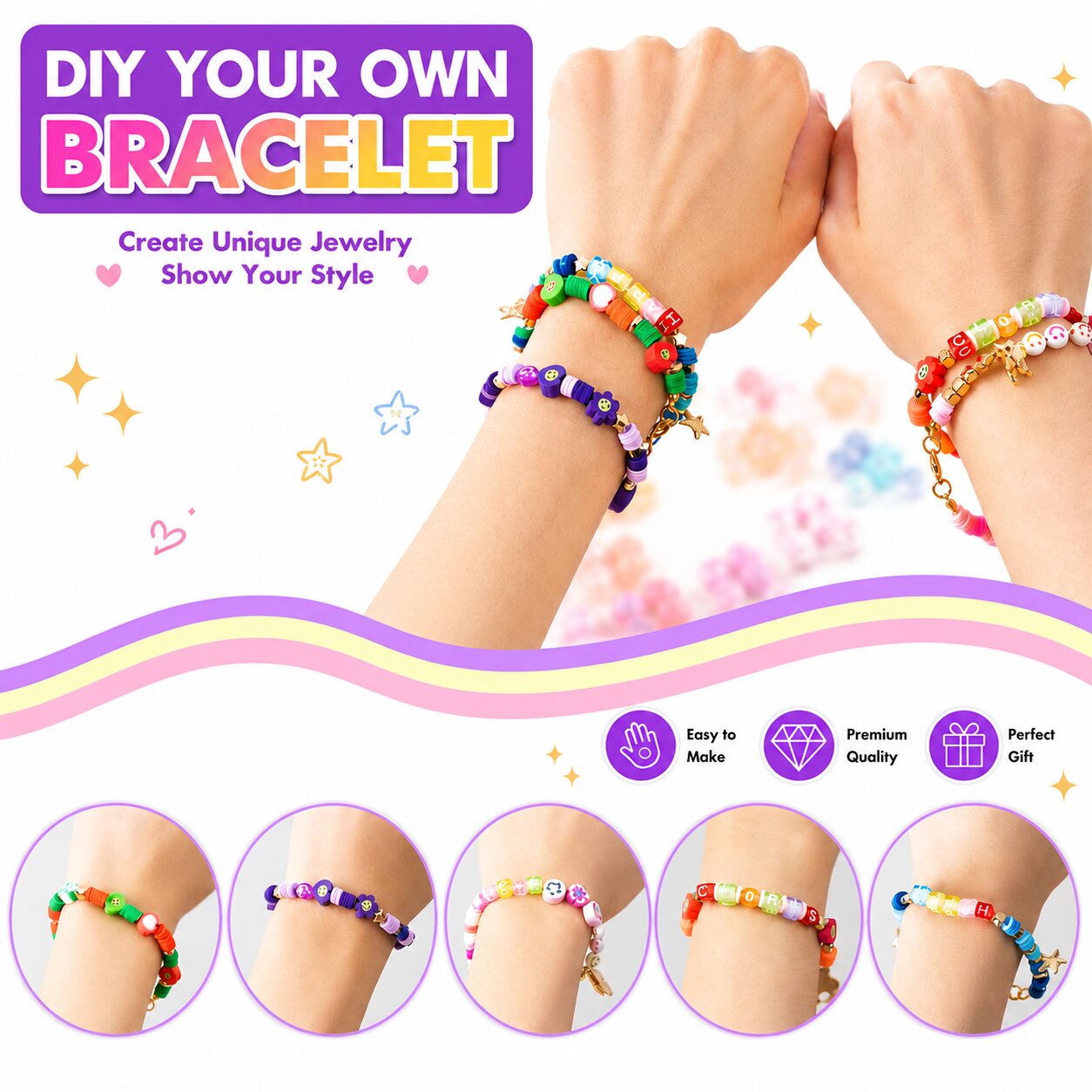 DIY your own bracelet: several finished beaded bracelets worn on wrists, with easy to make, premium quality and perfect gift