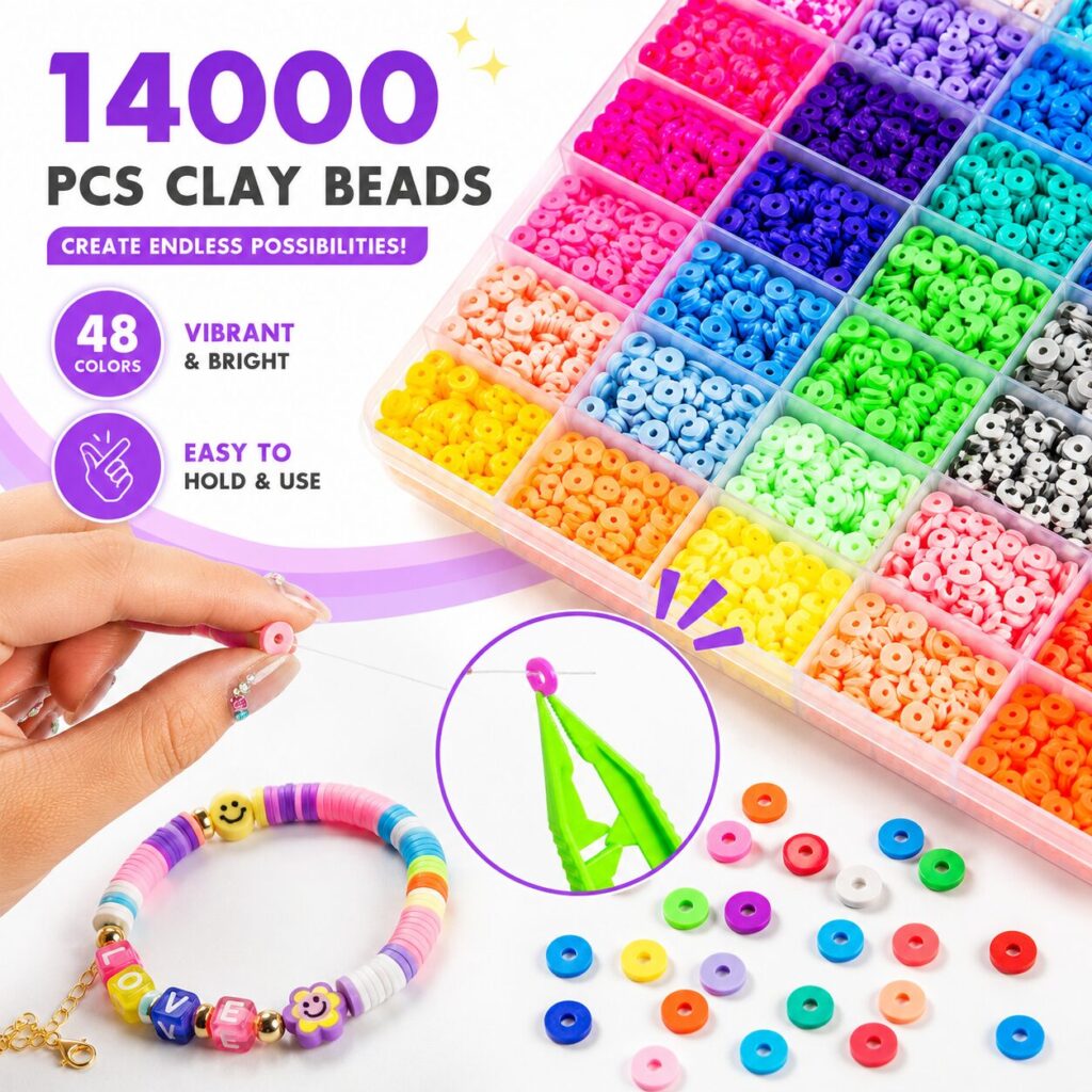 14,000 clay bead discs in 48 vibrant colours in a compartment tray, with a bead-threading close-up and a finished LOVE bracelet