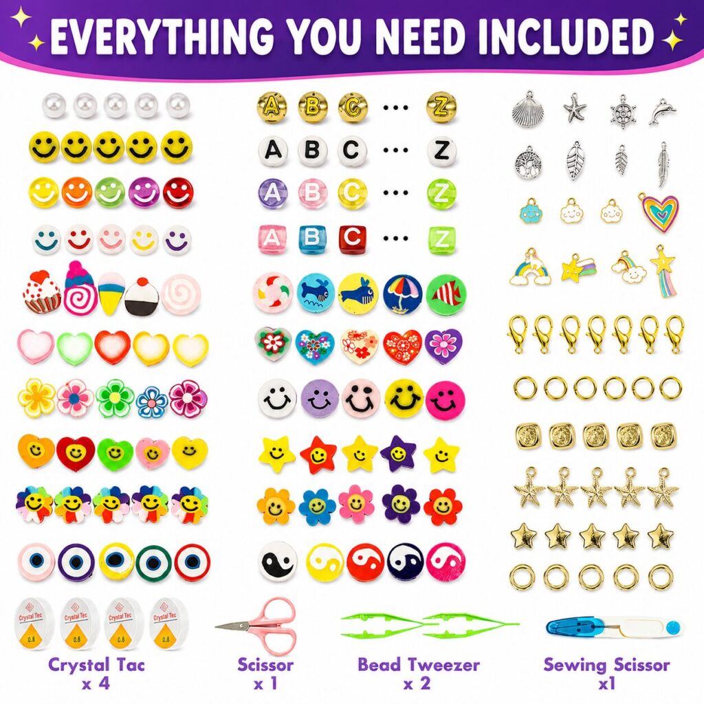Everything you need included: pearl, smiley, fruit, heart, flower, star and evil-eye beads, letter beads, metal and enamel charms, clasps, jump rings, 4 crystal cords, 1 scissors, 2 bead tweezers and 1 sewing scissors
