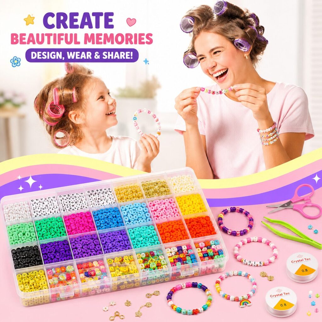 A mother and daughter in hair curlers laughing while making beaded bracelets, with the full bead tray, cords, scissors and tweezers on a pink surface