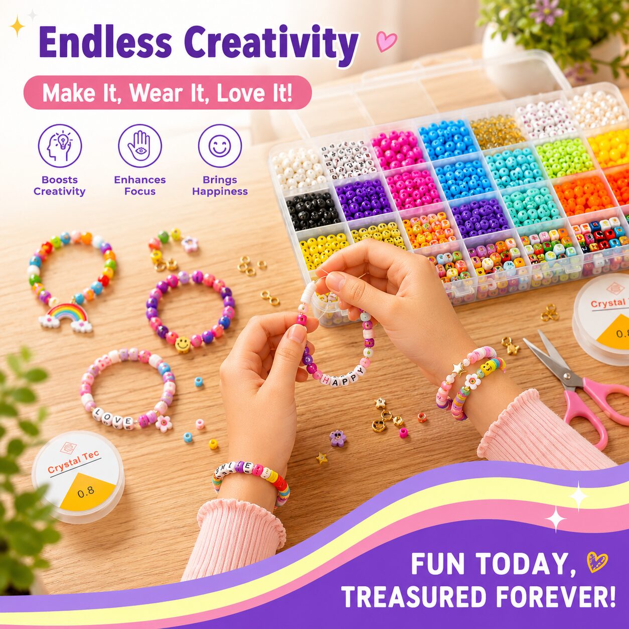 Endless creativity, make it wear it love it: a girl threading a HAPPY bracelet at a table with the bead tray, finished bracelets and tools, with boosts creativity, enhances focus and brings happiness