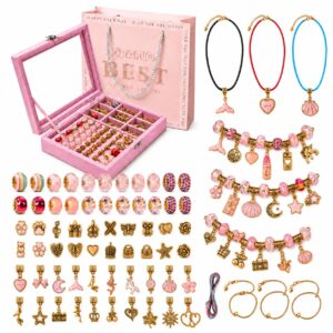 GRAFLO 66-piece gold edition bracelet making kit: pink velvet jewellery box, gift bag, gold charms and beads, three pendant necklaces and finished charm bracelets