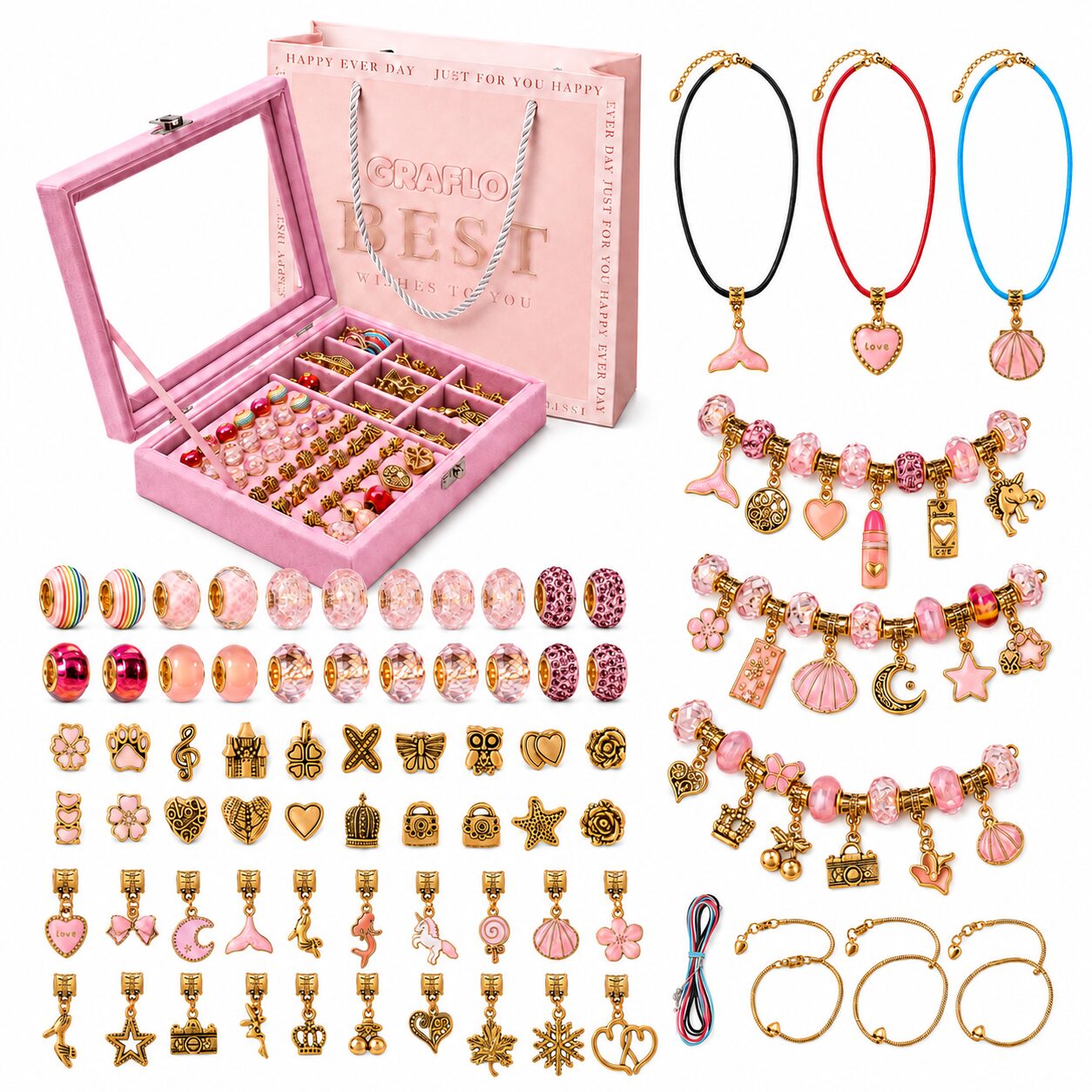 GRAFLO 66-piece gold edition bracelet making kit: pink velvet jewellery box, gift bag, gold charms and beads, three pendant necklaces and finished charm bracelets