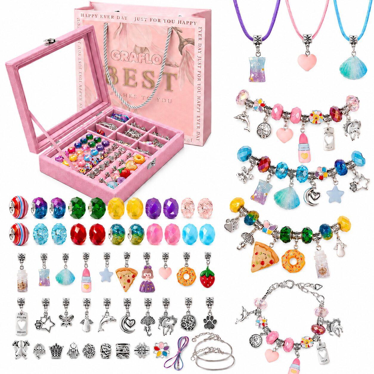 GRAFLO 66-piece charm bracelet making kit: pink velvet jewellery box, gift bag, colourful beads, silver charms, three pendant necklaces and finished charm bracelets