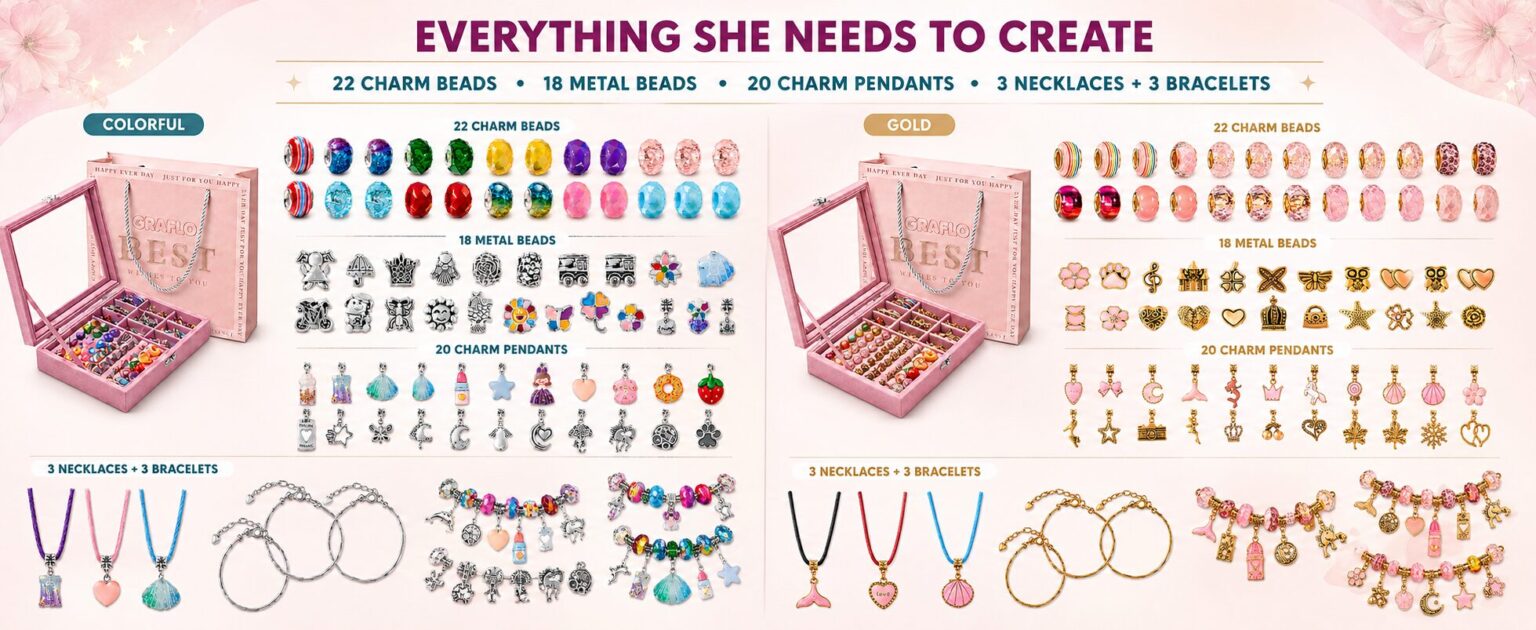 Everything she needs to create, shown for both the colourful and gold styles: 22 charm beads, 18 metal beads, 20 charm pendants, 3 necklaces and 3 bracelets