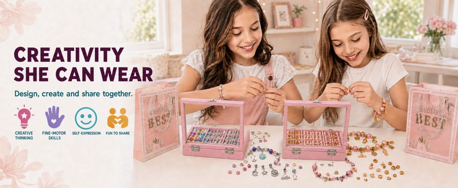 Finished charm bracelets and necklaces from the GRAFLO kit displayed together