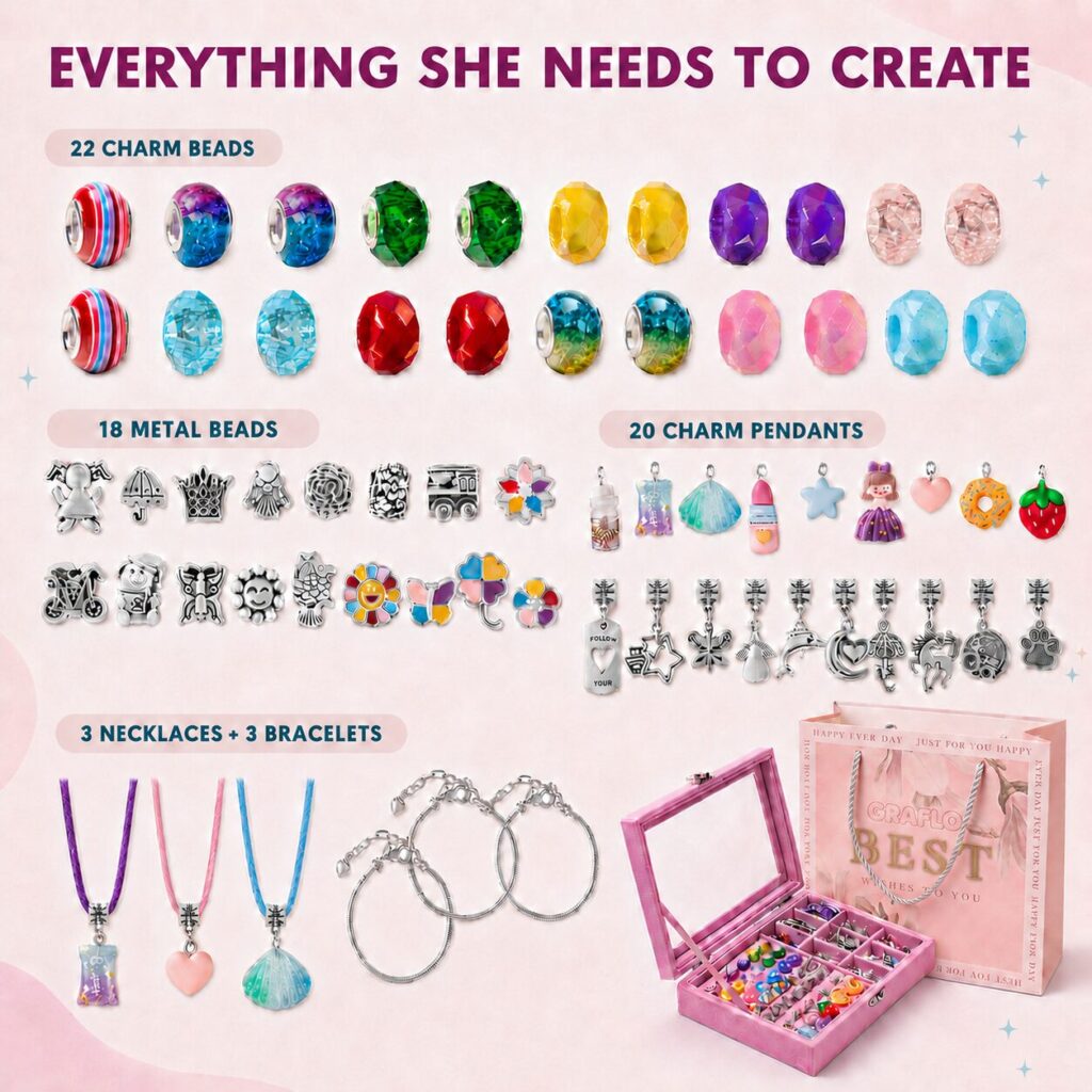 Everything she needs to create: 22 charm beads, 18 metal beads, 20 charm pendants and 3 necklaces plus 3 bracelets in the pink storage box