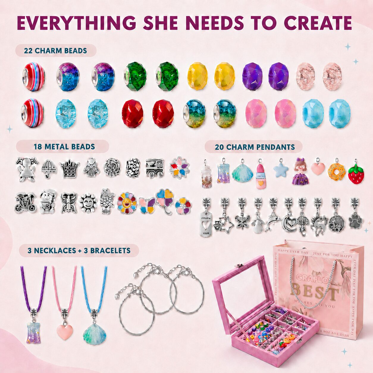 Everything she needs to create: 22 charm beads, 18 metal beads, 20 charm pendants and 3 necklaces plus 3 bracelets in the pink storage box