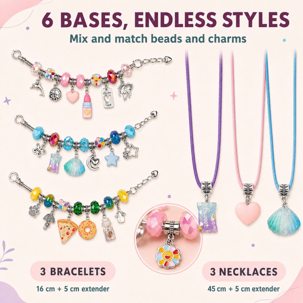 Six bases, endless styles: three 16 cm bracelets and three 45 cm necklaces, each with a 5 cm extender