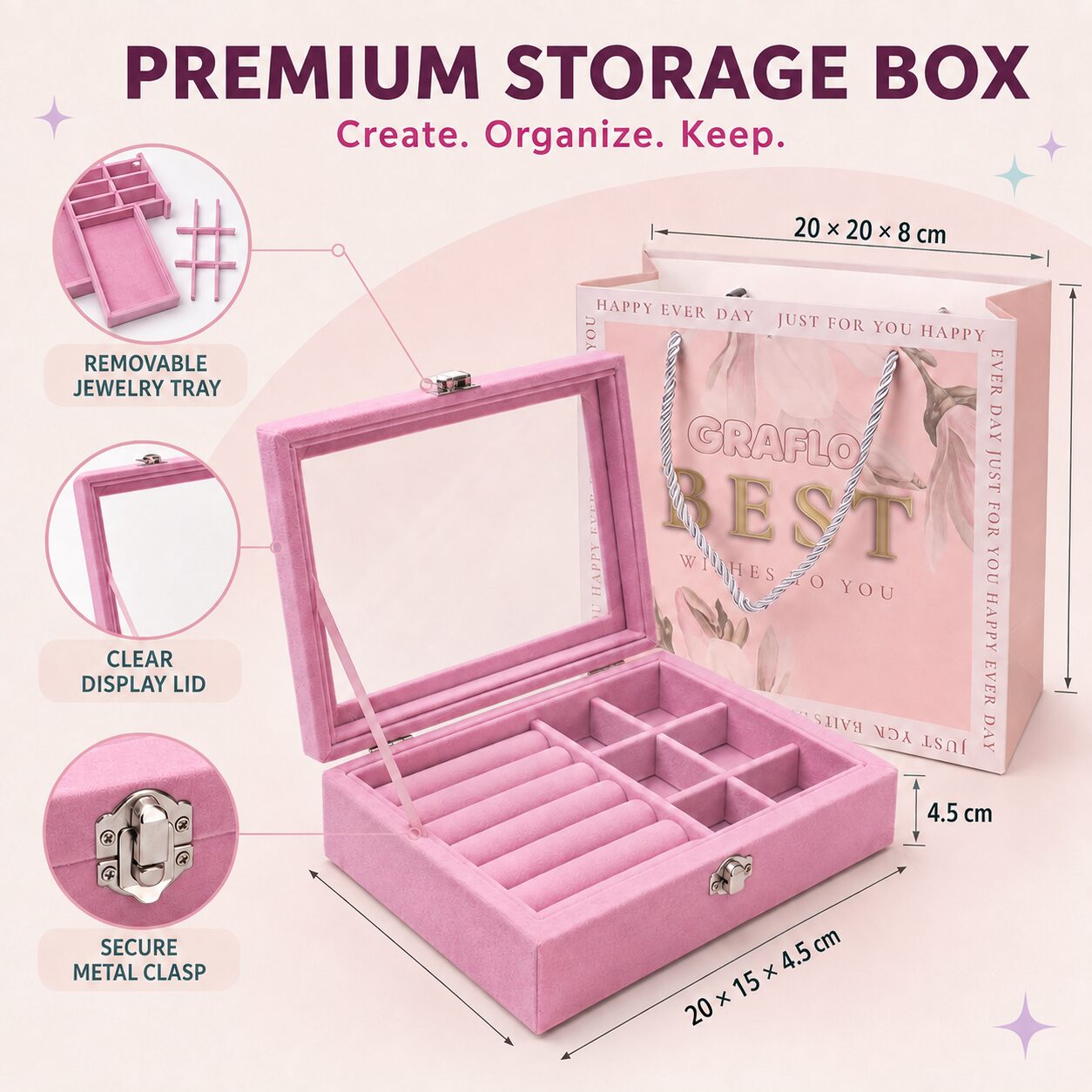 The premium pink storage box with removable jewellery tray, clear display lid and secure metal clasp