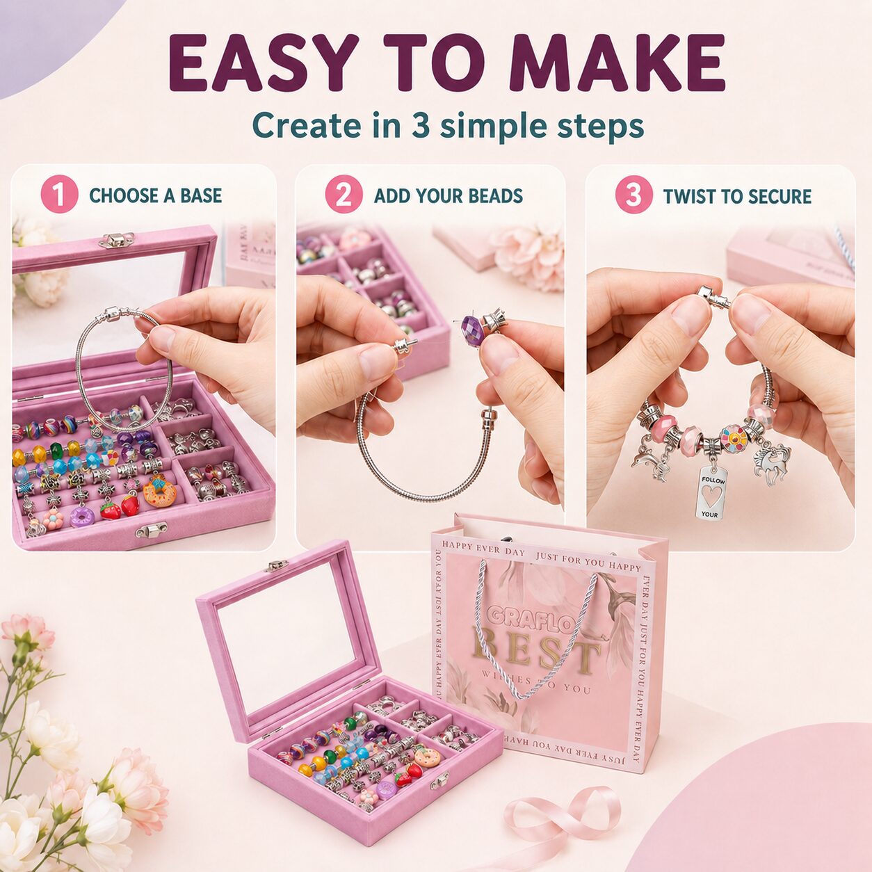 Easy to make in three steps: choose a base, add your beads, twist to secure
