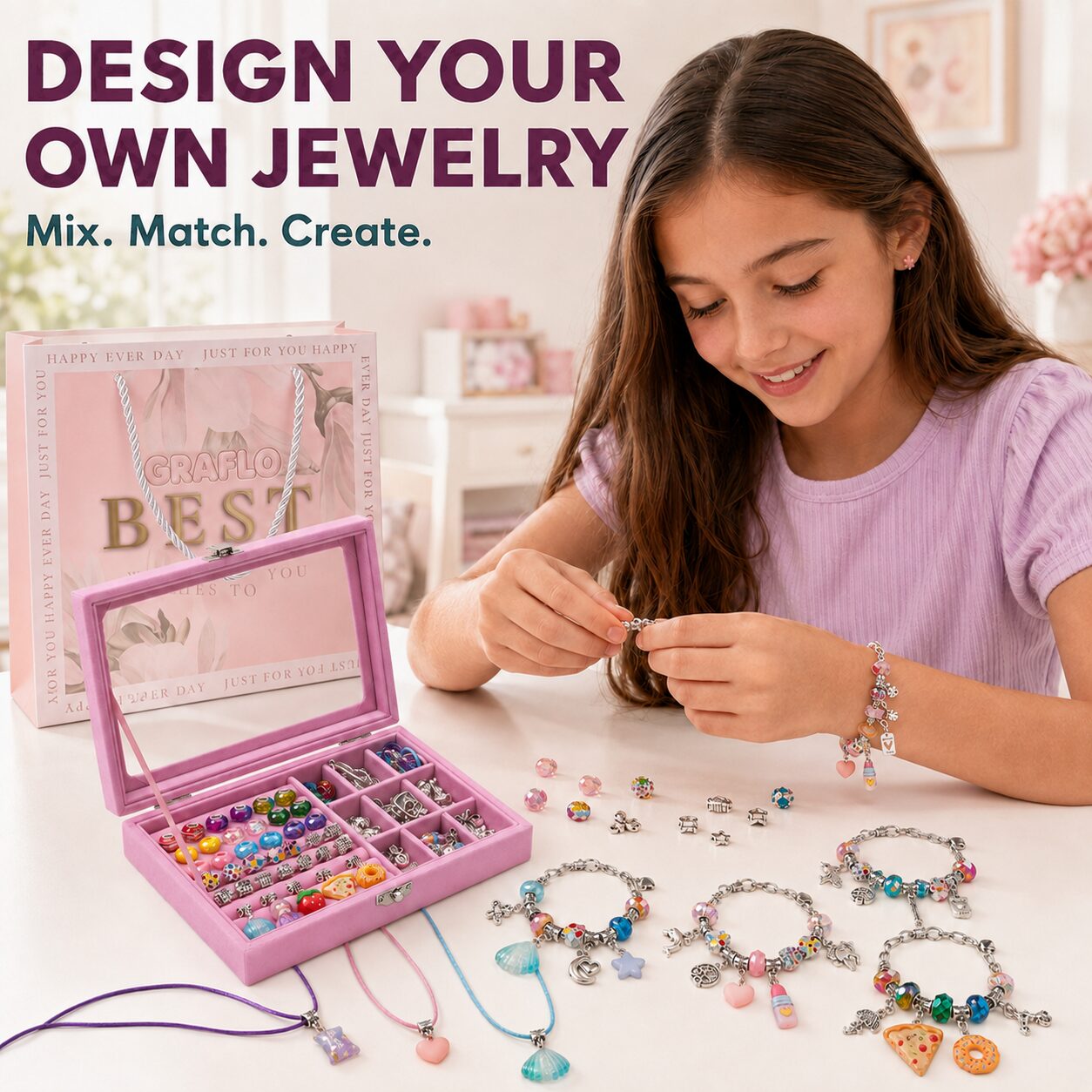 A girl assembling a charm bracelet at a table with the open bead box and finished necklaces laid out