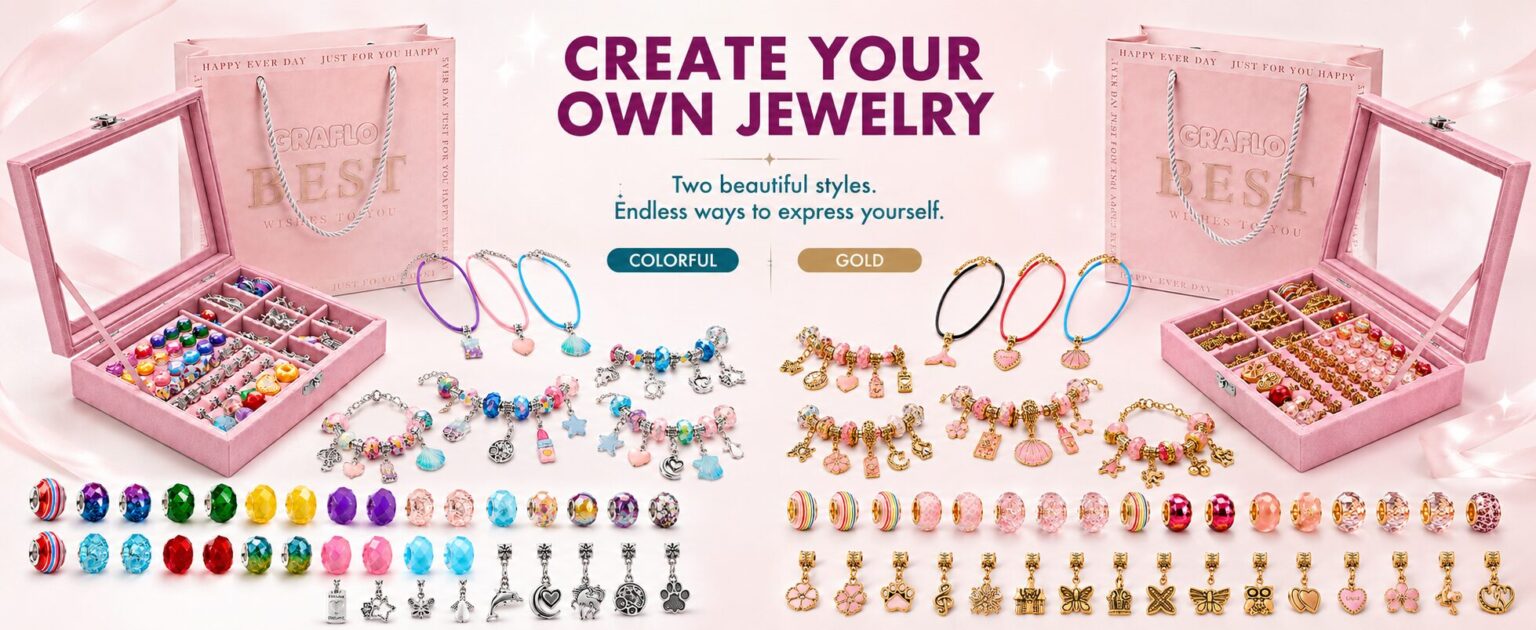 Create your own jewellery in two styles, colourful and gold, each with its own beads, charms and pink storage box