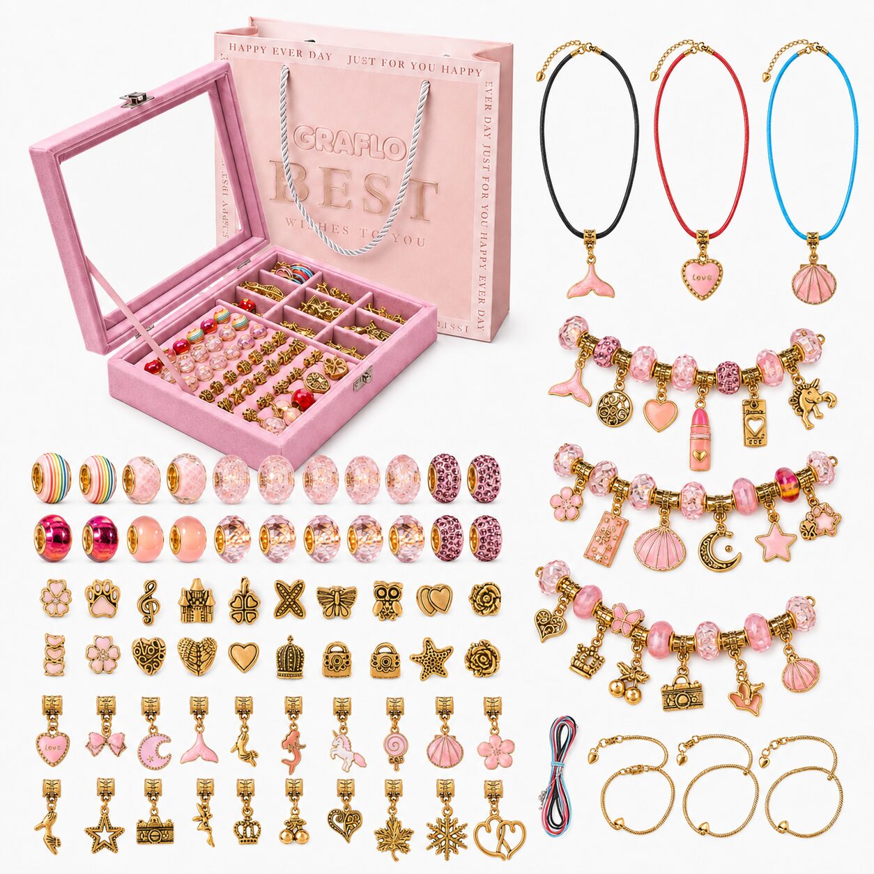 GRAFLO gold bracelet making kit open to show the sorted gold bead trays, with finished gold charm bracelets, necklaces and the gift bag