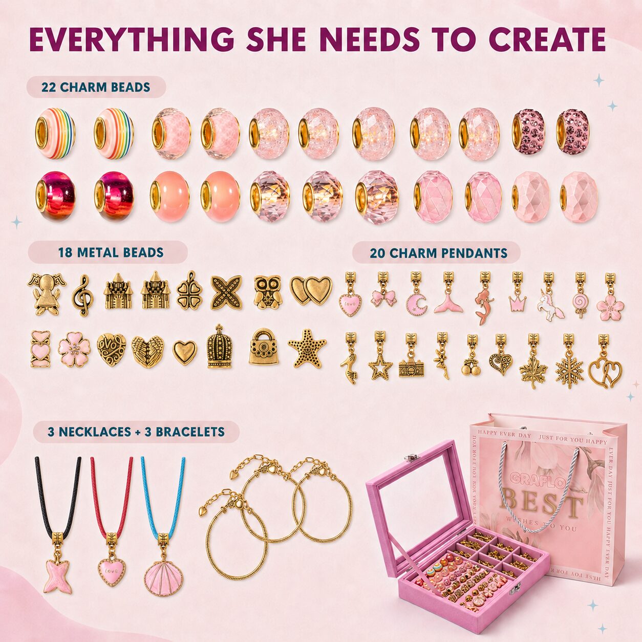 Everything she needs to create: 22 charm beads, 18 gold metal beads, 20 gold charm pendants and 3 necklaces plus 3 bracelets