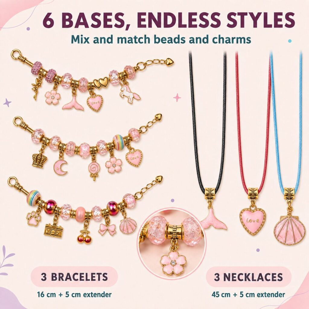 Six bases, endless styles: three 16 cm gold bracelets and three 45 cm necklaces, each with a 5 cm extender