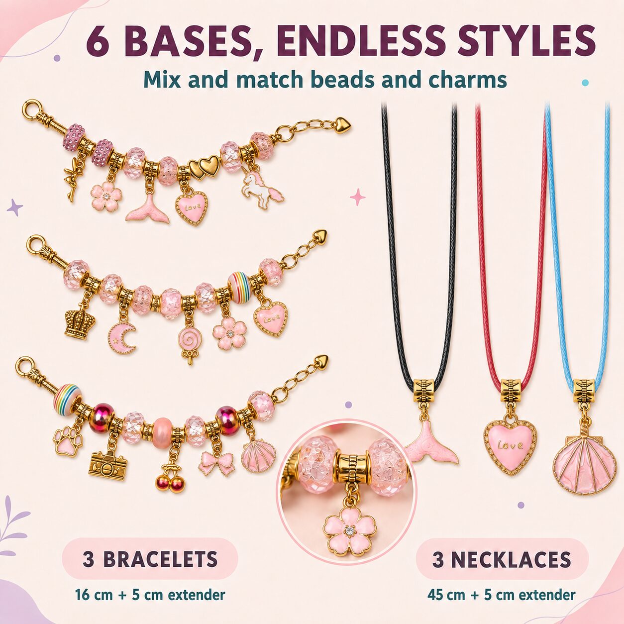 Six bases, endless styles: three 16 cm gold bracelets and three 45 cm necklaces, each with a 5 cm extender