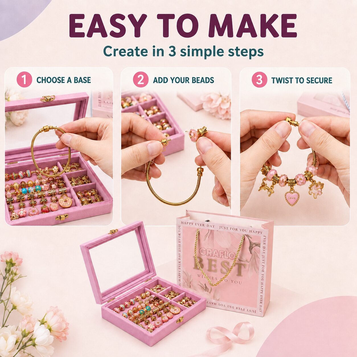 Easy to make in three steps: choose a base, add your beads, twist to secure