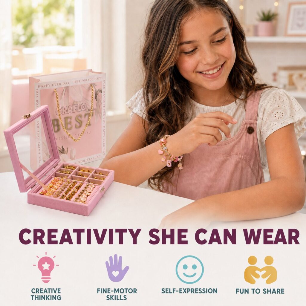 A girl wearing a finished gold charm bracelet beside the open GRAFLO jewellery box