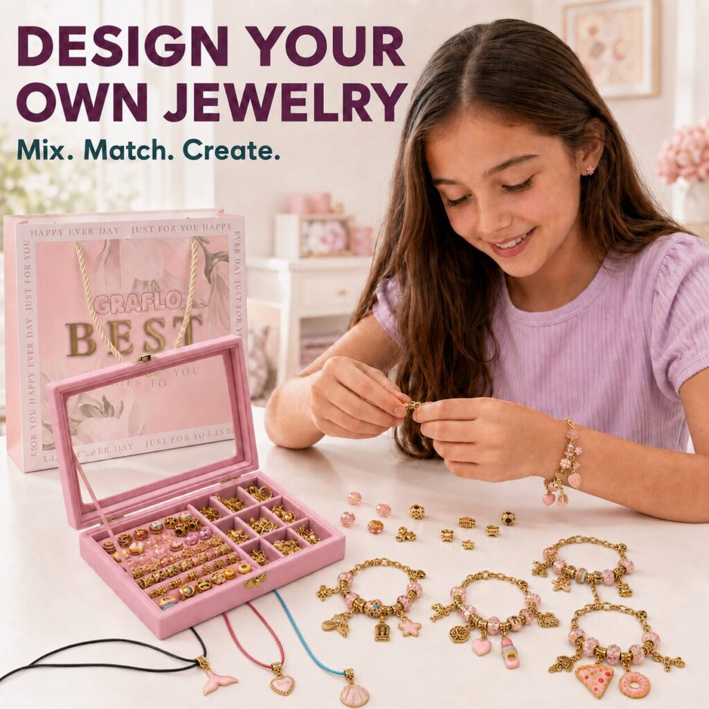 A girl assembling a gold charm bracelet at a table with the open bead box