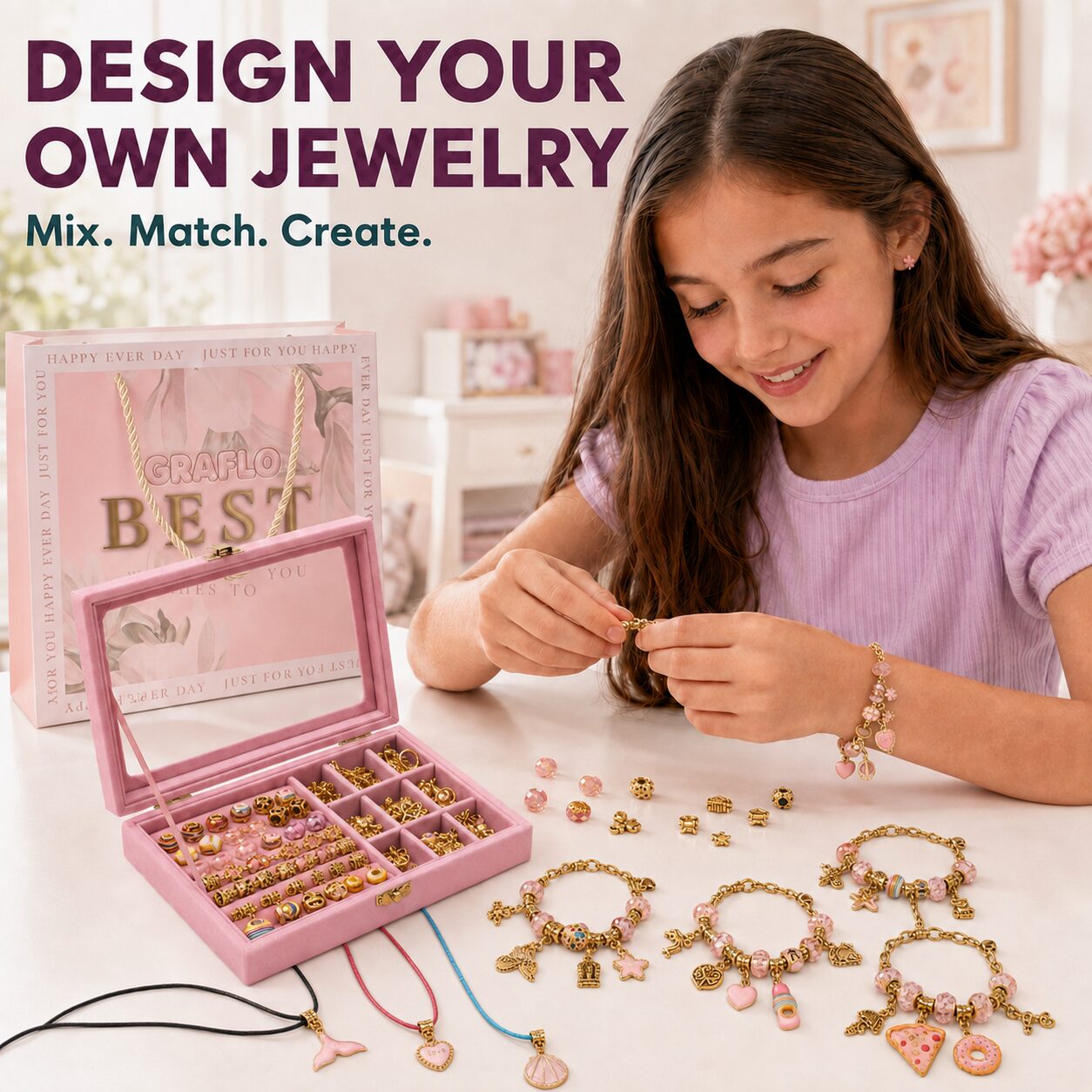 A girl assembling a gold charm bracelet at a table with the open bead box