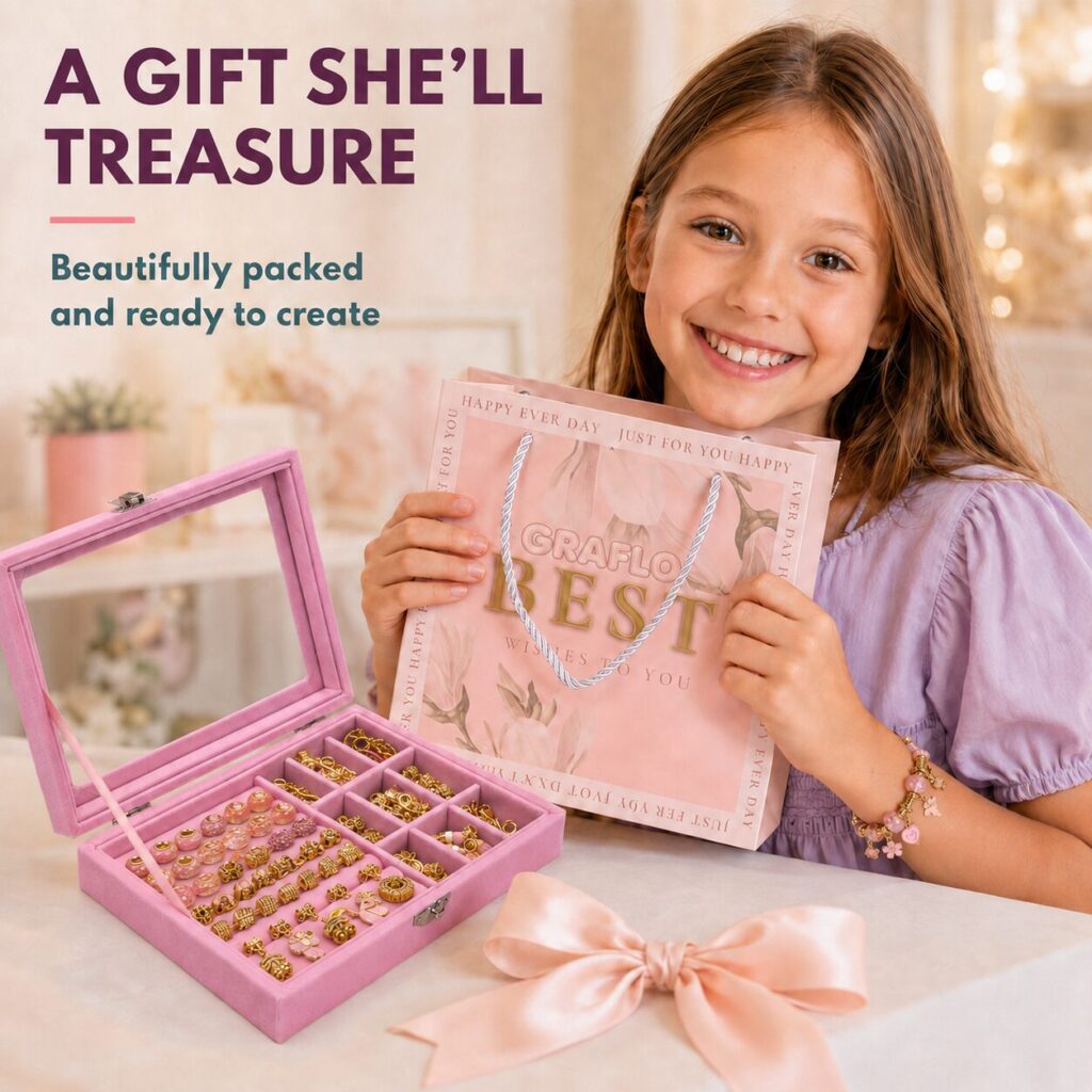 A girl holding the GRAFLO gift bag beside the open jewellery box, presented as a gift