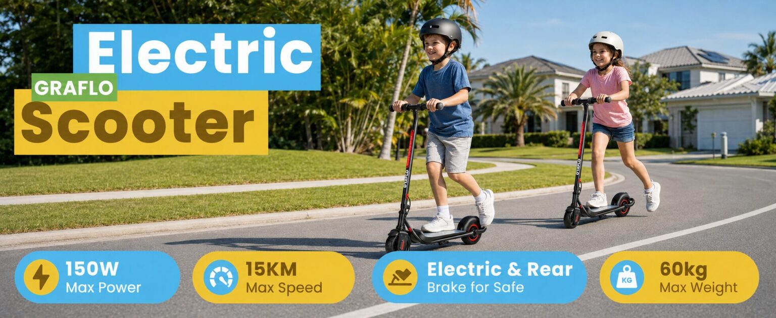 Two children riding GRAFLO electric scooters, with 150W max power, 15 km max speed, electric and rear brakes and 60 kg max weight