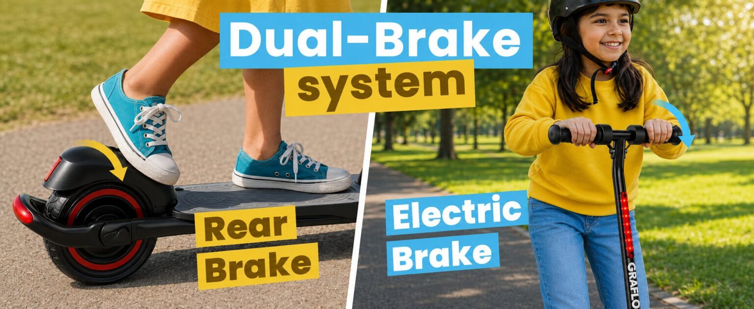 Dual-brake system on the GRAFLO electric scooter: rear foot brake and electric handlebar brake