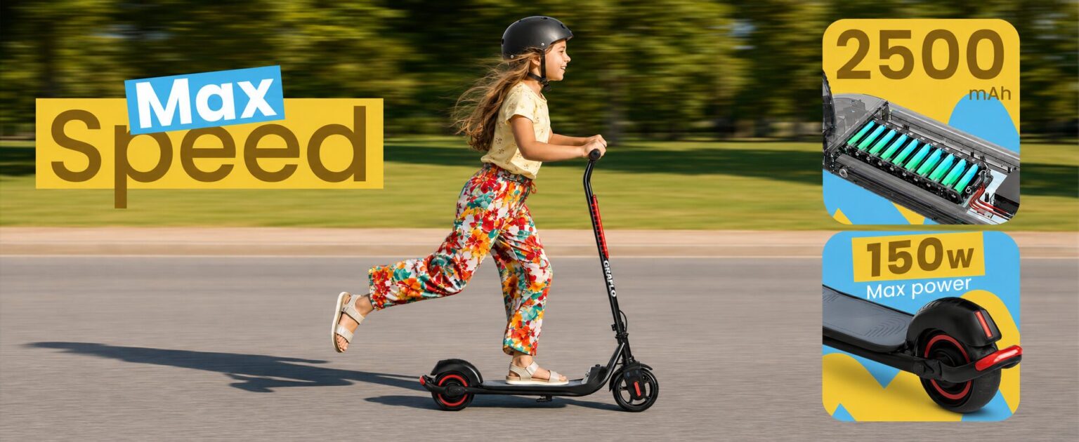 Girl riding the GRAFLO electric scooter at speed, with 2500 mAh battery and 150W max power callouts