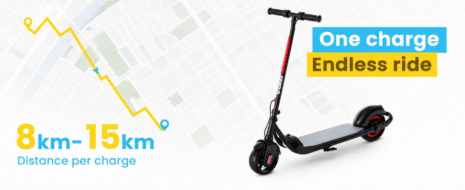 GRAFLO electric scooter beside a route map showing 8 to 15 km distance on a single charge