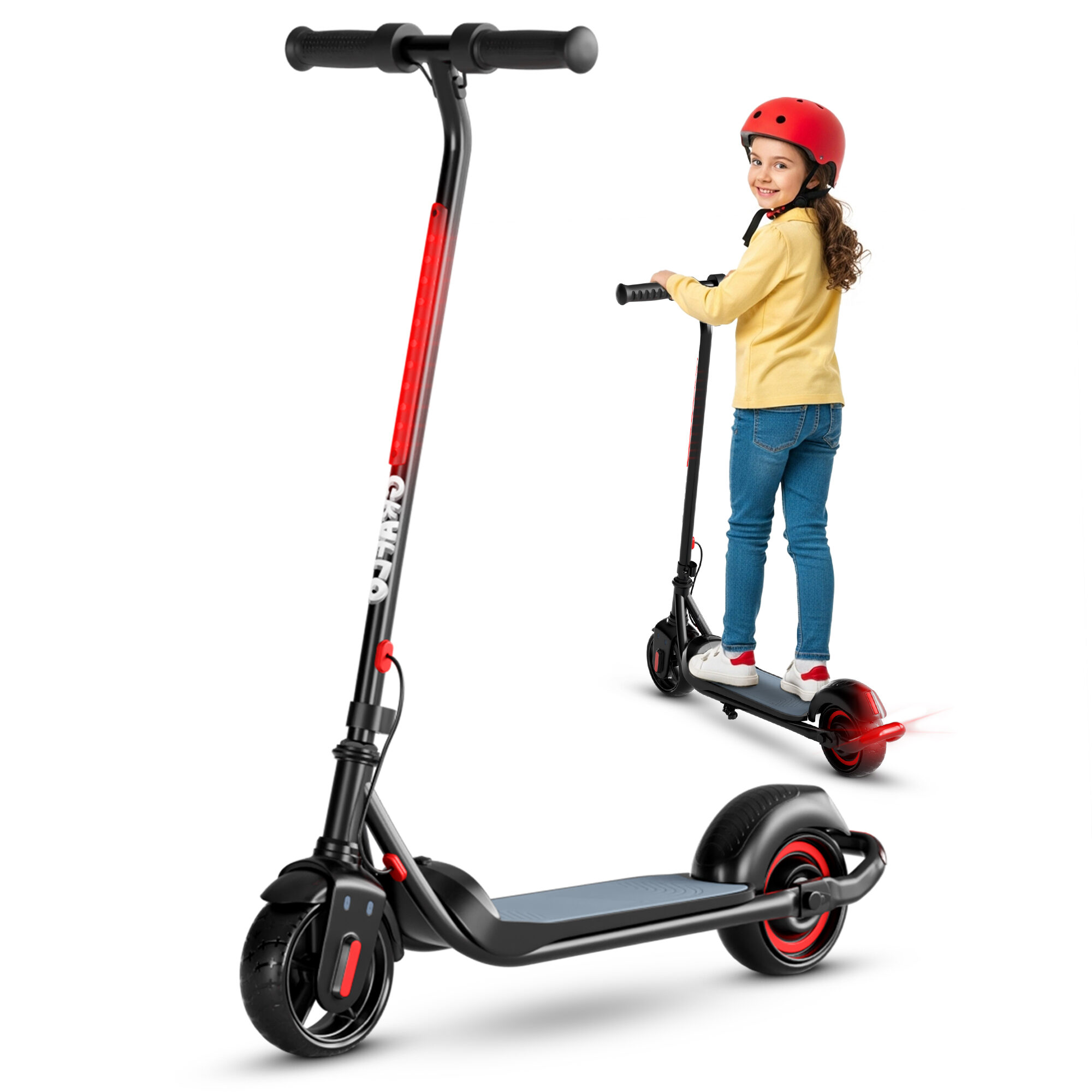 GRAFLO kids electric scooter in black and red, shown alone and with a child riding it