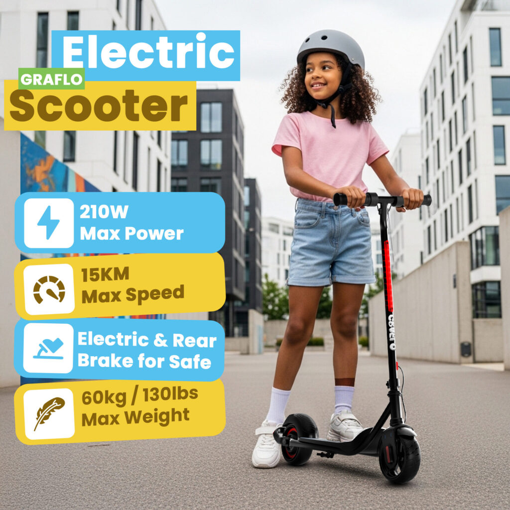 Girl riding the GRAFLO electric scooter on a city street, with max speed, dual brake and 60 kg max weight callouts