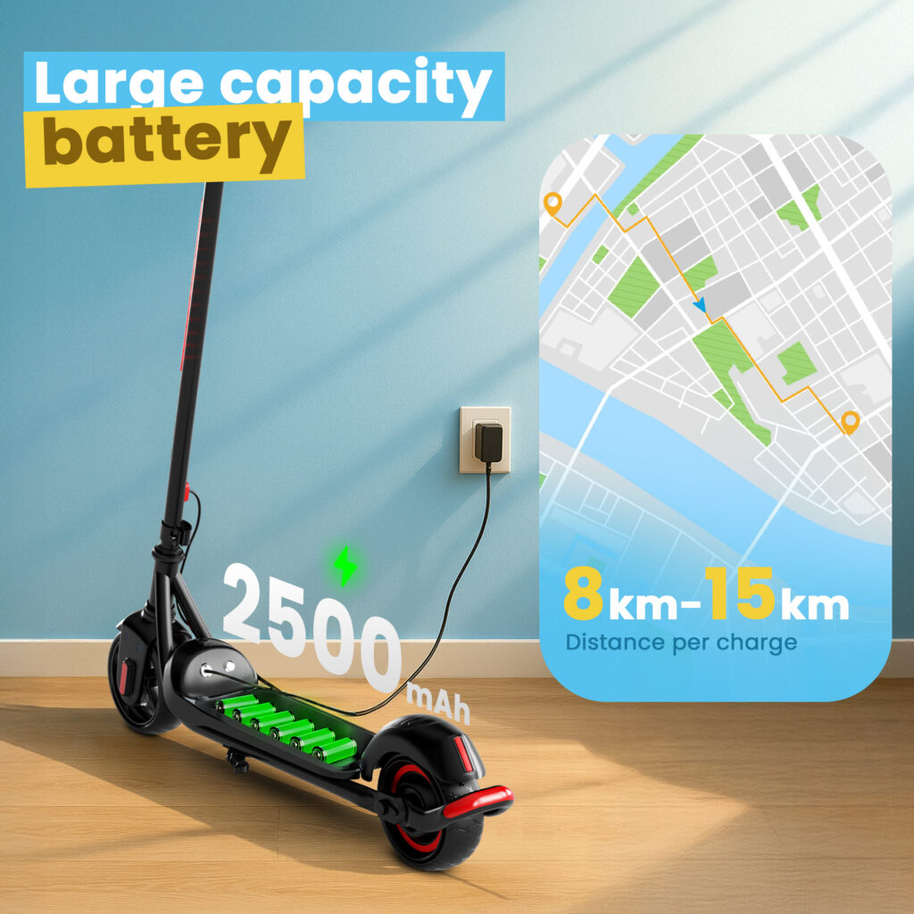 GRAFLO electric scooter charging from a wall socket, with 2500 mAh battery and 8 to 15 km distance per charge