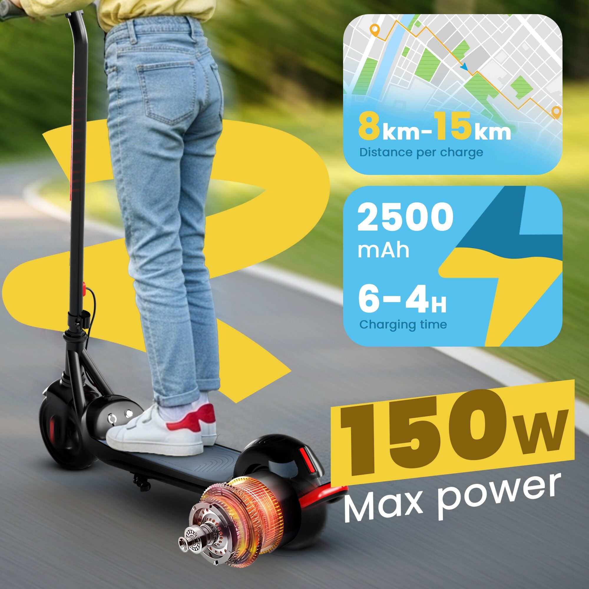 GRAFLO electric scooter with 150W max power motor, 2500 mAh battery and 8 to 15 km distance per charge