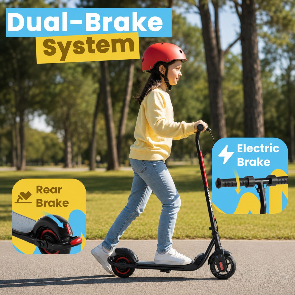 Child using the dual-brake system on the GRAFLO electric scooter, showing the rear foot brake and the electric handlebar brake
