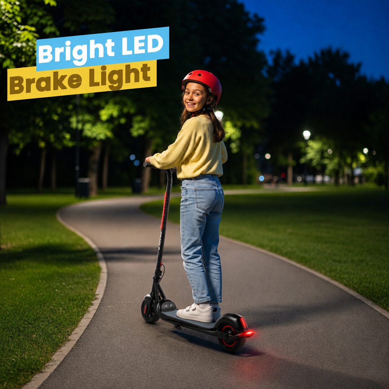 Child riding the GRAFLO electric scooter along a park path at dusk with the bright LED brake light lit